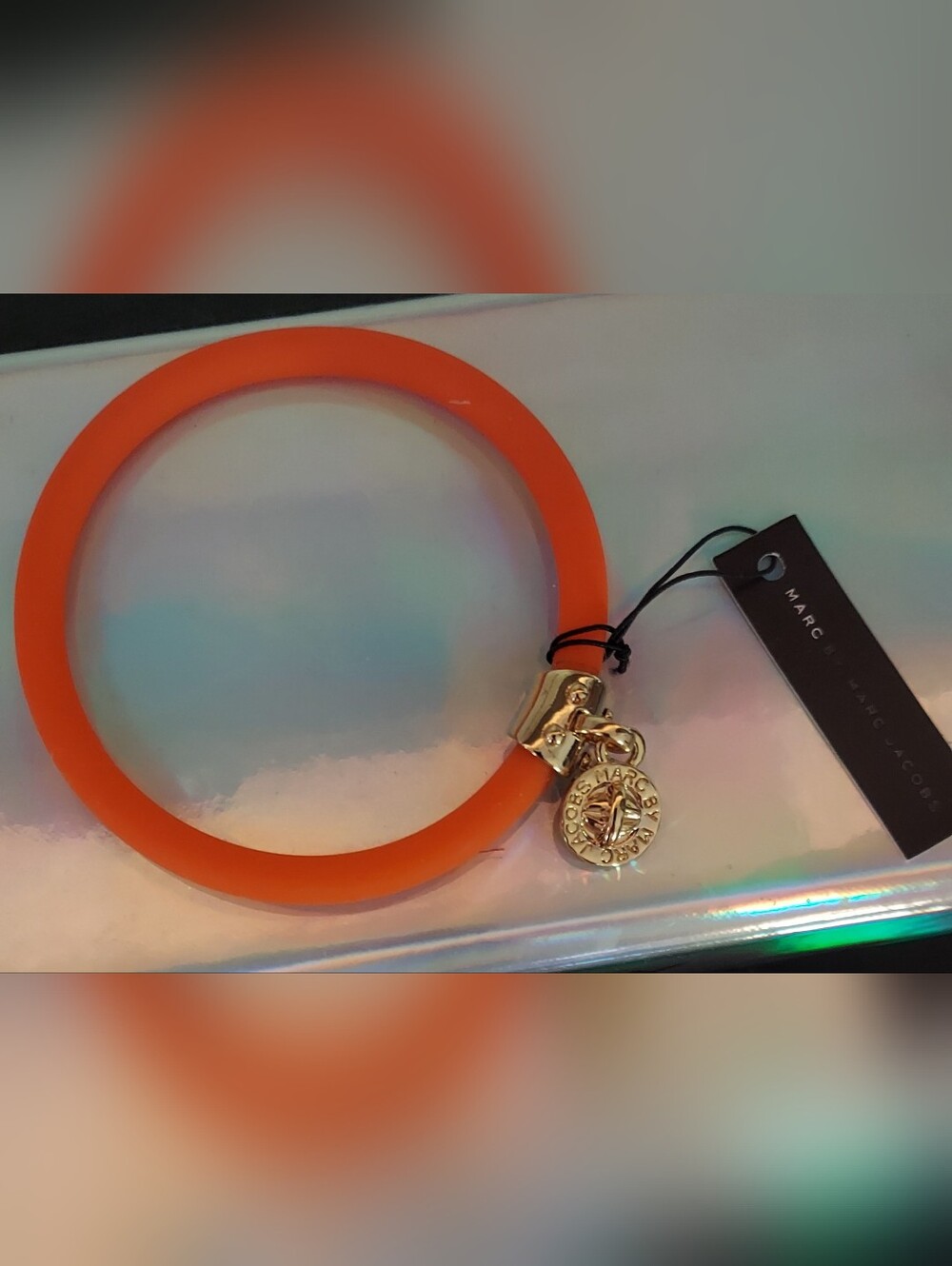 Marc by Marc Jacobs Orange Silicone Bangle with Gold Logo Charm NWT